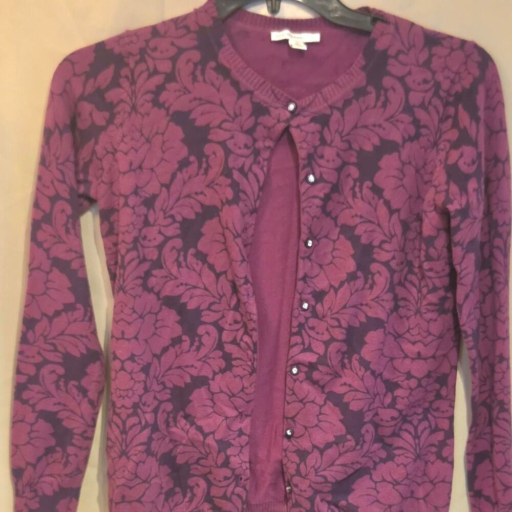 Purple Damask Knit Cardigan, Preppy business chic Academia XS classic crew neck